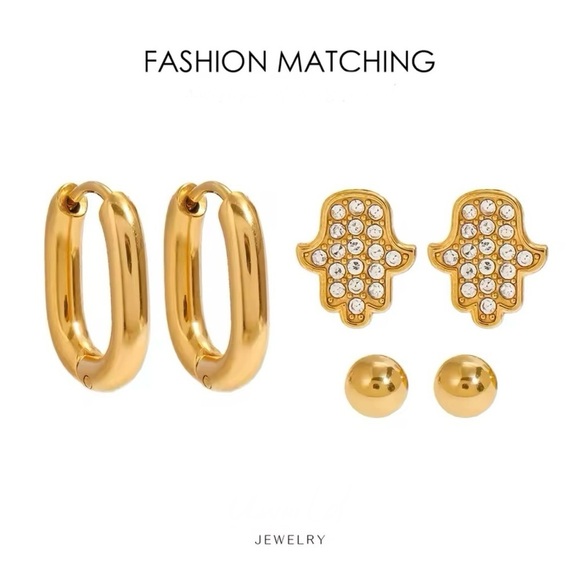 LOVEISH Jewelry - NEW✨ 3Pcs Stainless Steel Cubic Zirconia Hamsa Stud Oval Hoop Earrings Set